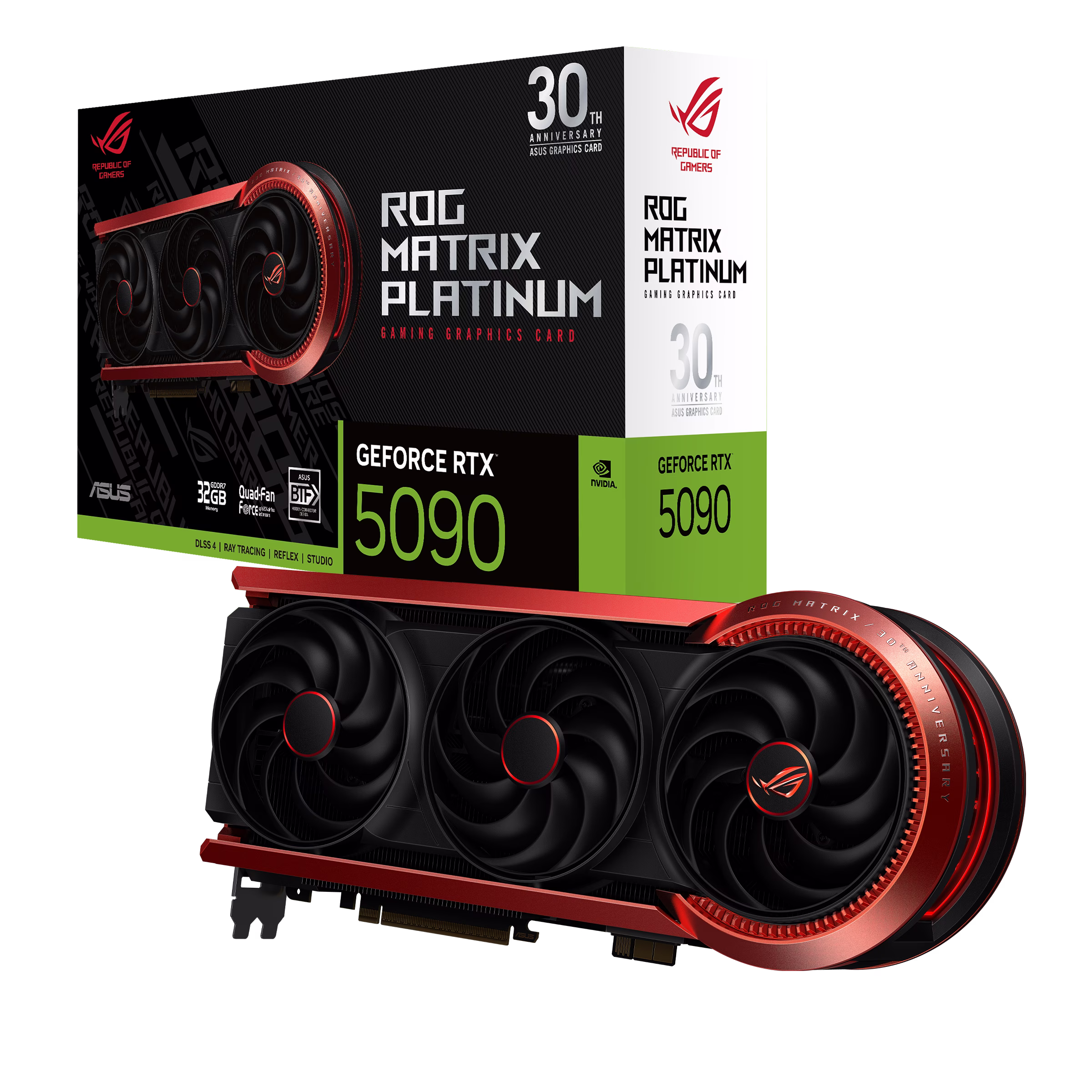 ASUS ROG Matrix Platinum GeForce RTX 5090 30th Anniversary Edition Graphics Card, 32GB GDDR7, 512-Bit, PCIe 5.0, 21760 CUDA Cores, OC Boost 2760MHz, HDMI 2.1b + DisplayPort 2.1b, 8K Support, Aura Sync ARGB | 90YV0NF2-M0NM00 – Buy Online