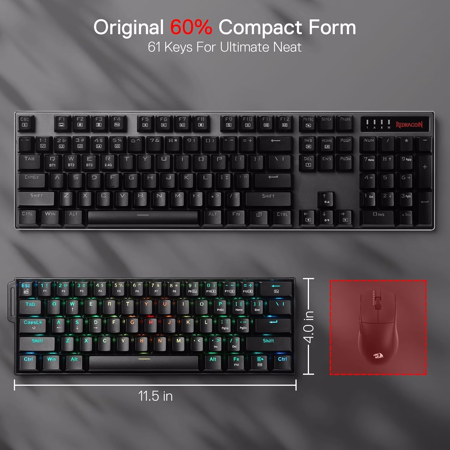 Redragon K530 Pro Wireless Gaming Keyboard – 60% Compact 61 Keys, Hot-Swappable, Custom Linear Dragon Chant Switches, RGB, Carrying Strap | K530RGB-PRO-P thumbnail 3