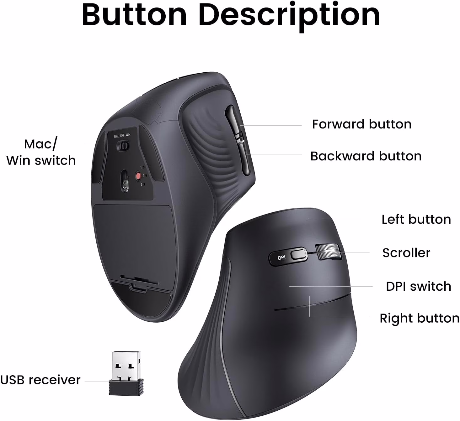 UGREEN MU008 Multi-Mode Vertical Ergonomic Mouse – Bluetooth & 2.4G Wireless, 4000 DPI, & 57° Natural Grip – Black | MU008-25444 thumbnail 3