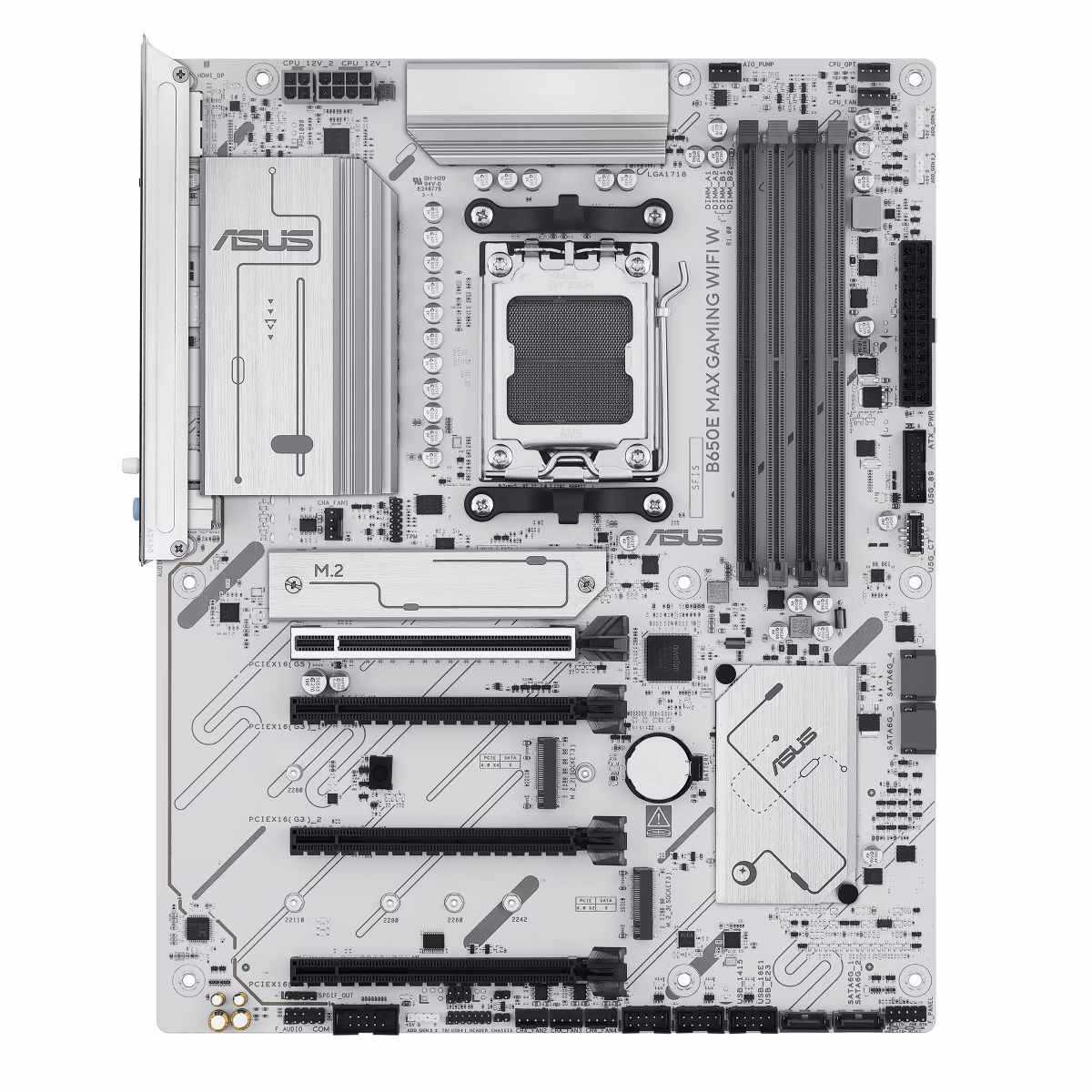 ASUS B650E MAX GAMING WIFI W AMD B650 ATX motherboard, DDR5, PCIe 5.0 Ready, three M.2 slots, Wi-Fi 6E, Realtek 2.5Gb Ethernet, DisplayPort, HDMI, rear USB 10Gbps Type-A & Type-C support, Aura Sync, White | 90MB1M00-M0EAY0 thumbnail 2