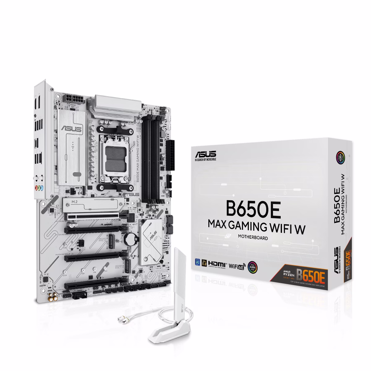 ASUS B650E MAX GAMING WIFI W AMD B650 ATX motherboard, DDR5, PCIe 5.0 Ready, three M.2 slots, Wi-Fi 6E, Realtek 2.5Gb Ethernet, DisplayPort, HDMI, rear USB 10Gbps Type-A & Type-C support, Aura Sync, White | 90MB1M00-M0EAY0 image