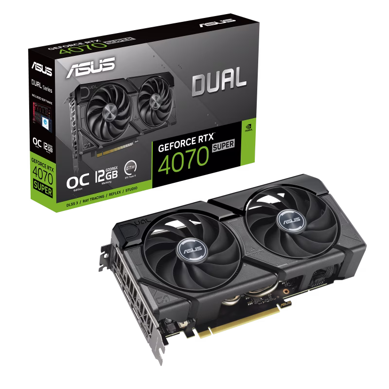 ASUS Dual GeForce RTX 4070 SUPER EVO OC Graphics Card, Third-Gen RT Cores, 12GB GDDR6X 192-bit Memory, 2550 MHz Boost Clock, 21 Gbps Memory Speed, 7168 CUDA Cores, PCI E 4.0, HDMI 2.1a / DP 1.4A, 2 Year Warranty | 90YV0KC0-M0NA00 image