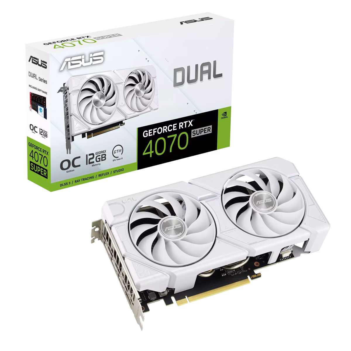 ASUS Dual GeForce NVIDIA RTX 4070 SUPER EVO White OC Edition 12GB GDDR6X Graphic Card, 7168 CUDA Core, 21 Gbps 192-bit, 2550 MHz Max Boost, Max Resol. 7680 x 4320, White | 90YV0KC8-M0NA00 image
