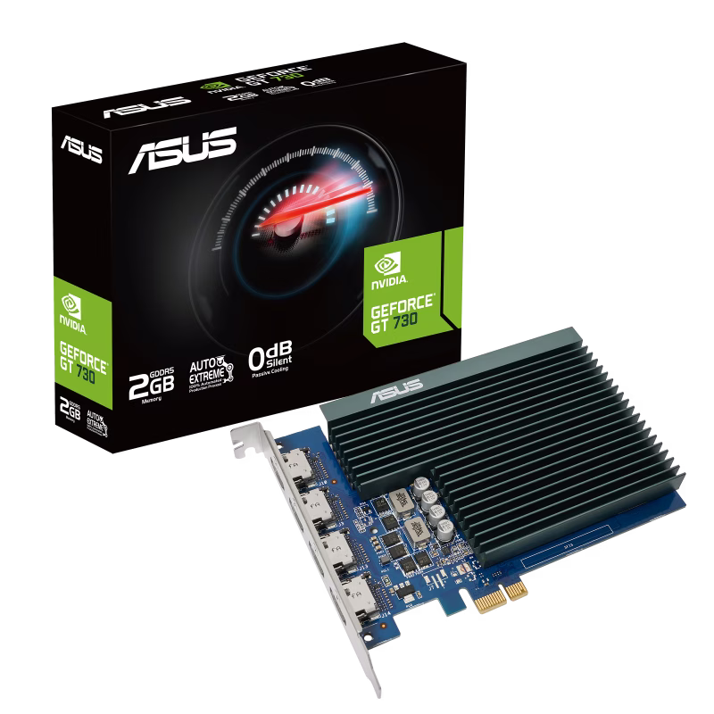 Asus GT7304HSL2GD5 NVIDIA 2 GB Graphic Card, 4x 4K HDMI Ports GeForce GT 730 GDDR5 PCI Express 2.0 Processor frequency 902 MHz HDMI ports quantity 4 Memory clock speed 5010 MHz, 2 Year Warranty | 90YV0H20-M0NA00 – Buy Online