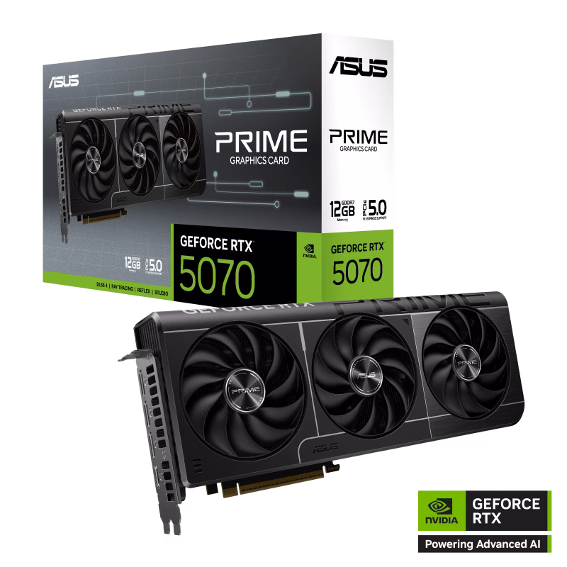 ASUS PRIME GeForce RTX 5070 12GB GDDR7 Edition Graphics card,  192-bit  28 Gbps,  6144 CUDA Core, 2542MHz Core Boost, NVIDIA Blackwell architecture DLSS 4 | 90YV0M11-M0NA00 – Buy Online