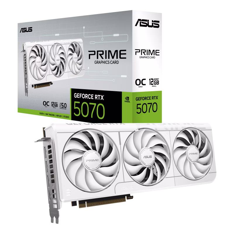 ASUS PRIME GeForce RTX 5070 White OC Edition 12GB GDDR7 Graphics Card, NVIDIA Blackwell Architecture Dual BIOS, Fifth-Gen Tensor Cores, MuseTree, SFF-Ready 2.5 Slot Design, AI Perfomance 1005 AI TOPS | 90YV0M19-M0NA00 – Buy Online