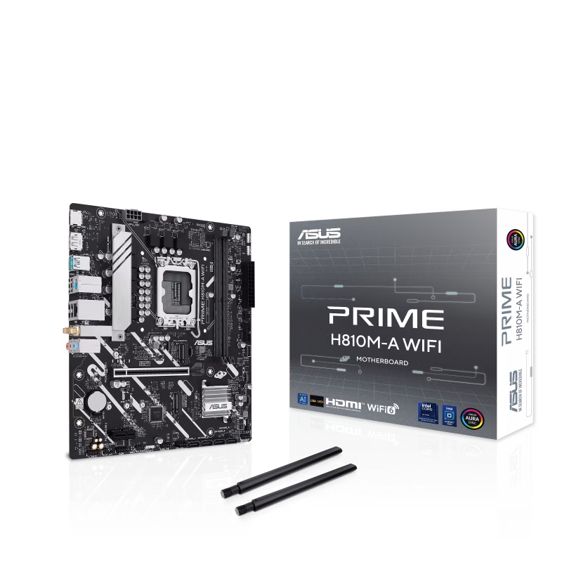 ASUS PRIME H810M-A WIFI LGA1851 micro-ATX motherboard, Advanced AI PC-ready, DDR5 slots, PCIe 4.0, DP, HDMI, rear USB 10Gbps, front USB 5Gbps Type-C, 2 x M.2 slots, WiFi6, Intel 1Gb Ethernet | 90MB1KJ0-M0EAY0 – Buy Online