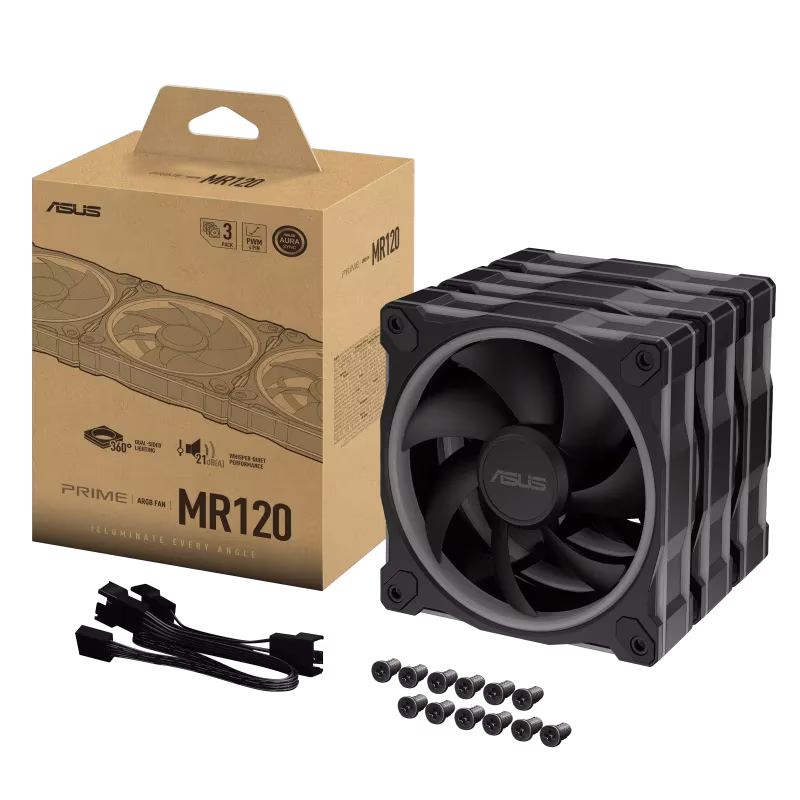ASUS Prime MR120 ARGB 120mm Black Case Fan - Triple Pack, 1600 rpm (+/-10%) Speed, 58 CFM Airflow, 1.7 mm H2O Pressure, 21 dB(A) Noise Level, Black | 90DA00I0-B09020 thumbnail 2