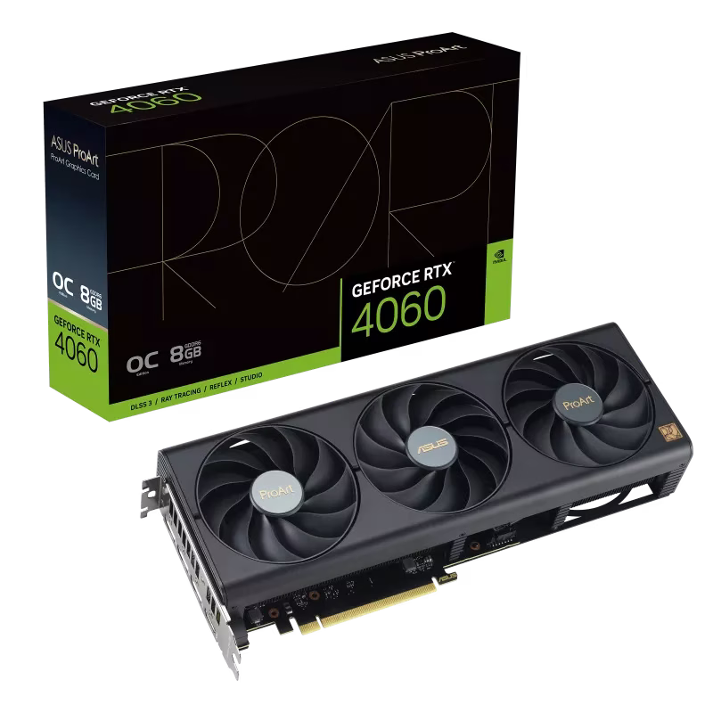 ASUS ProArt GeForce NVIDIA RTX 4060 OC edition 8GB GDDR6 Graphic card,  251 AI Performance, 17 Gbps 128-bit, 3072 CUDA Cores, Max Boost 2580 MHz, Ada Lovelace | 90YV0JM0-M0NA00 image
