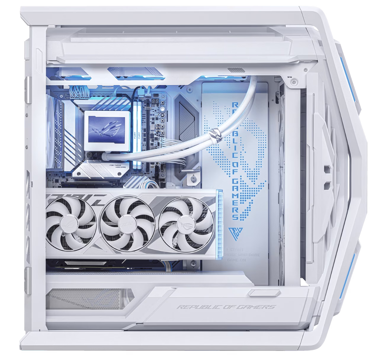 ROG Extreme Gaming & Rendering PC, PWD. By ASUS White Edition: Core i9 14900K, Nvidia RTX ROG ASTRAL RTX5080 16GB, 64GB (2x32GB) DDR5 DRAM 6400MT/s, 4TB SSD NVME  +24 TB SATA HDD, 1200W Platinum II ATX 80+, Ryujin III 360 ARGB AIO CPU Cooler, WiFi+ BT image
