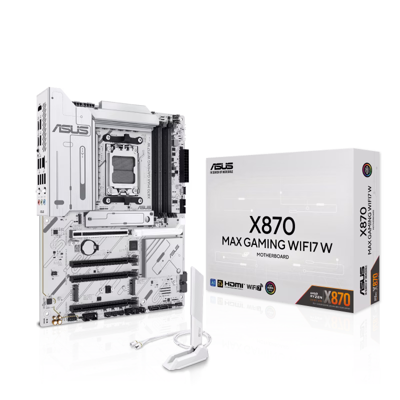 ASUS X870 MAX GAMING WIFI7 W AM5 White ATX Motherboard, AI PC-ready, PCIe 5.0 x16, 4x DIMM slots, max. 256GB, DDR5 upto 8000+MT/s(OC),  3 x M.2 slots 4x SATA 6Gb/s ports,  2.5Gb Ethernet ASUS LANGuard, Wi-Fi 7, 10x USB ports, Realtek 7.1 | 90MB1LZ0-M0EAY0 – Buy Online