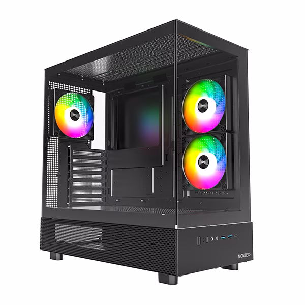 MONTECH XR, ATX Mid-Tower PC Gaming Case, 3 x 120mm ARGB PWM Fans Pre-Installed, Full-View Dual Tempered Glass Panel, Wood-Grain Design I/O Interface, Support 4090 GPUs, 360mm Radiator Support, Black-MONTEC CASE – Buy Online