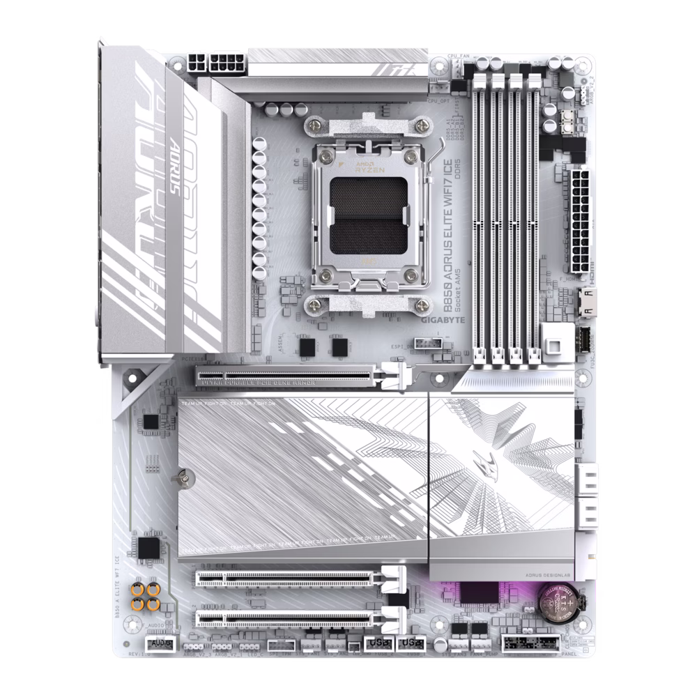Gigabyte B850 AORUS ELITE WIFI7 ICE AM5 Motherboard, 4x DIMMs with AMD EXPO DDR5 OC up to 8200MT/s, 3x M.2 slots, PCIe 5.0 x4, 2.5GbE LAN & Wi-Fi 7, WIFI EZ-Plug, X3D Turbo Mode, White  | B850 A ELITE WF7 ICE thumbnail 3
