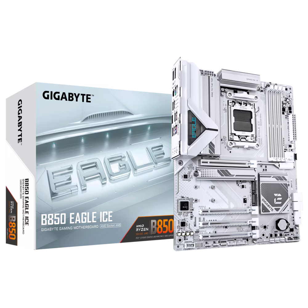 Gigabyte B850 EAGLE ICE AM5 ATX Motherboard, X3D Turbo Mode, 4x DIMMs AMD EXPO DDR5 OC up to 8200MT/s, 3x M.2 slots, including PCIe 5.0 x4,  2.5GbE LAN, UD Power Connector, White | 9MB85GLE-00-G10 – Buy Online