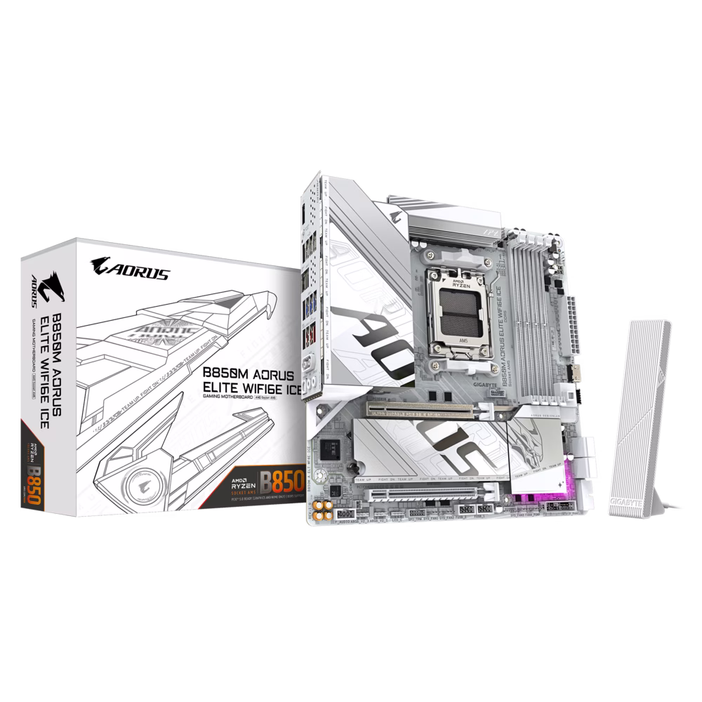 Gigabyte B850M AORUS ELITE WIFI6E ICE AM5 Micro ATX Motherboard, 4x DIMMs with AMD EXPO, DDR5 OC up to 8200MT/s, 2x M.2 slots, PCIe 5.0 x4, 2.5GbE LAN & Wi-Fi 6E, X3D Turbo Mode, White | B850M A ELT WF6E ICE image