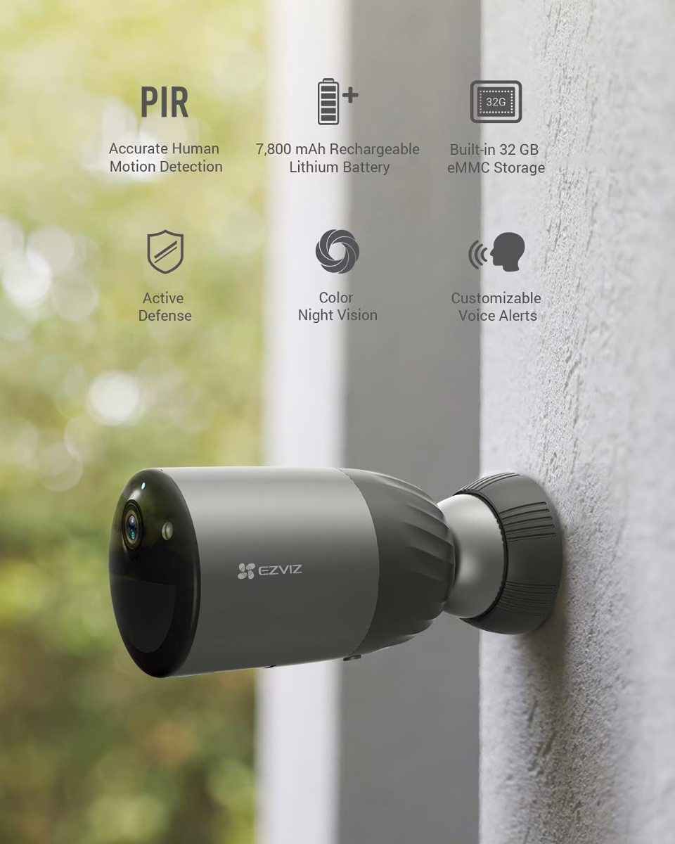 EZVIZ eLife BC1C Battery-Powered Camera, 1080p Video, 7,800 mAh Rechargeable Lithium Battery, Built-in 32 GB eMMC Storage, Color Night Vision, Accurate Human Motion Detection, Two-Way Talk, 2.4 GHz Wi-Fi, Customizable Voice Alerts thumbnail 5