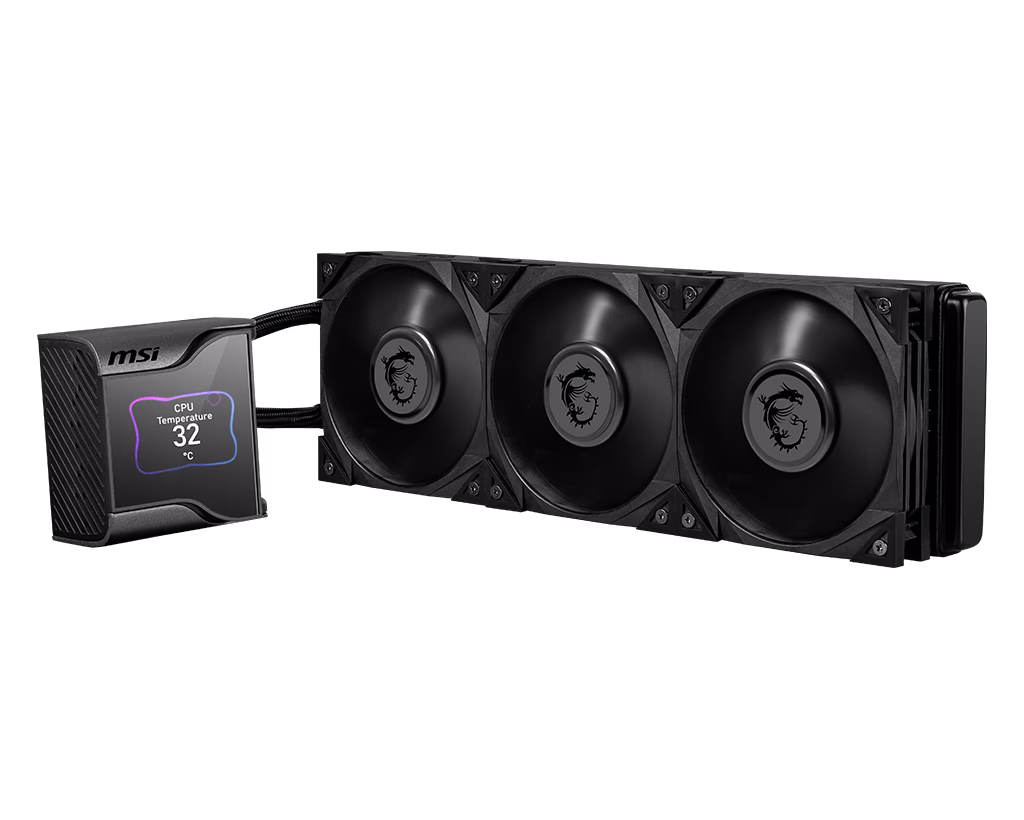 MSI MEG CORELIQUID S360 AIO Cooler With LCD, 360mm Radiator, 2.4" IPS Display, Asetek 7th Gen Pump 2800 +/-300 RPM, 3x 120mm MEG SILENT GALE P12 Fans, 56.2 CFM Air Flow, Hydro-Dynamic Bearing, Supports Socket TR4 / sTRX4 / SP3,  Black | 936-6A0521-005 thumbnail 2