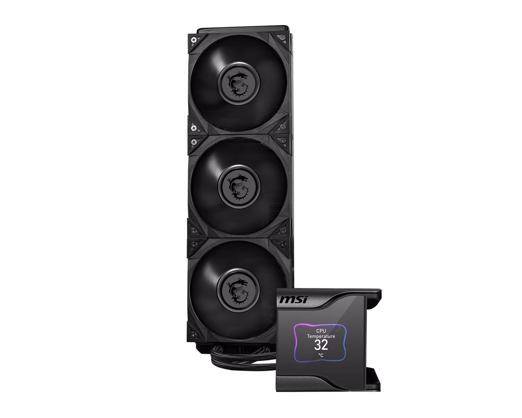 MSI MEG CORELIQUID S360 AIO Cooler With LCD, 360mm Radiator, 2.4" IPS Display, Asetek 7th Gen Pump 2800 +/-300 RPM, 3x 120mm MEG SILENT GALE P12 Fans, 56.2 CFM Air Flow, Hydro-Dynamic Bearing, Supports Socket TR4 / sTRX4 / SP3,  Black | 936-6A0521-005 thumbnail 4