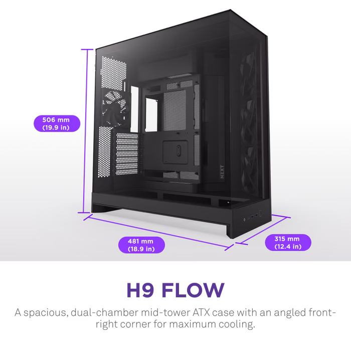 NZXT H9 Flow Large Dual-Chamber Mid-Tower ATX Airflow Case (2025), Panoramic View, Back-Connect Motherboard Compatible, Radiator Upto 420mm, Pre-Installed Fans 1x F140Q (CV), 1x F120Q (CV), Black | CM-H92FB-01 thumbnail 7