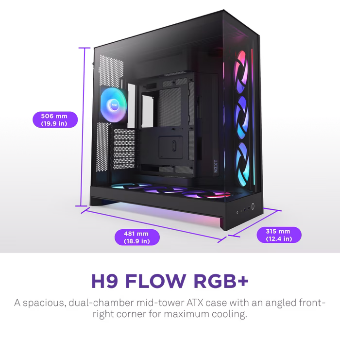 NZXT H9 Flow RGB+ (2025) – Large Dual-Chamber ATX Mid-Tower Airflow PC Case – Includes 7 RGB Fans (6 x 140mm, 1 x 120mm) & Control Hub – 420mm Radiator Support – Back-Connect Ready – Black | CM-H92FB-P1 thumbnail 7