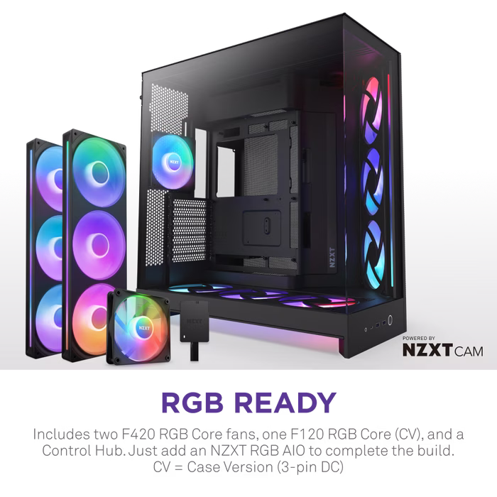 NZXT H9 Flow RGB+ (2025) – Large Dual-Chamber ATX Mid-Tower Airflow PC Case – Includes 7 RGB Fans (6 x 140mm, 1 x 120mm) & Control Hub – 420mm Radiator Support – Back-Connect Ready – Black | CM-H92FB-P1 thumbnail 6