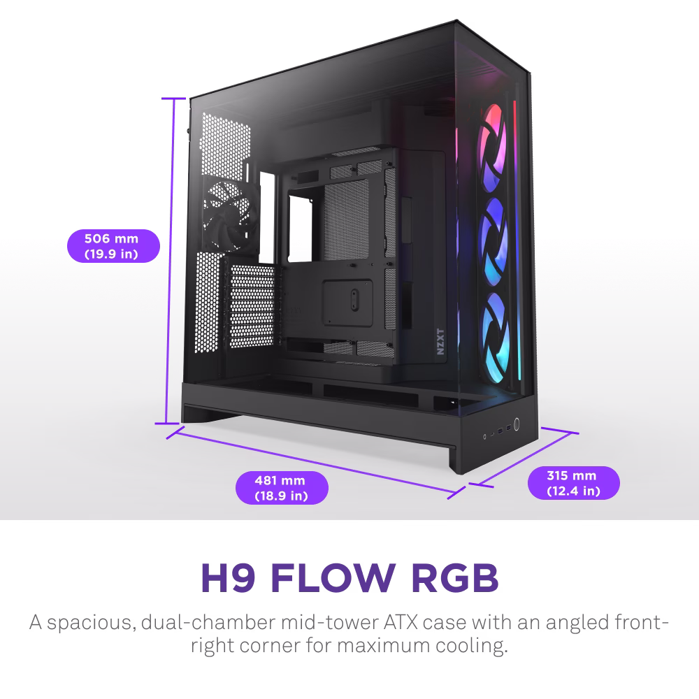 NZXT H9 Flow RGB Large Dual-Chamber Mid-Tower ATX Airflow Case with RGB (2025), Panoramic View, Pre-Installed Fans  1?? F420 RGB Core, 1?? F120Q (CV), Rear-Connecting Motherboard Support, Radiator Up to 420 mm,  Black | CM-H92FB-R1 thumbnail 2