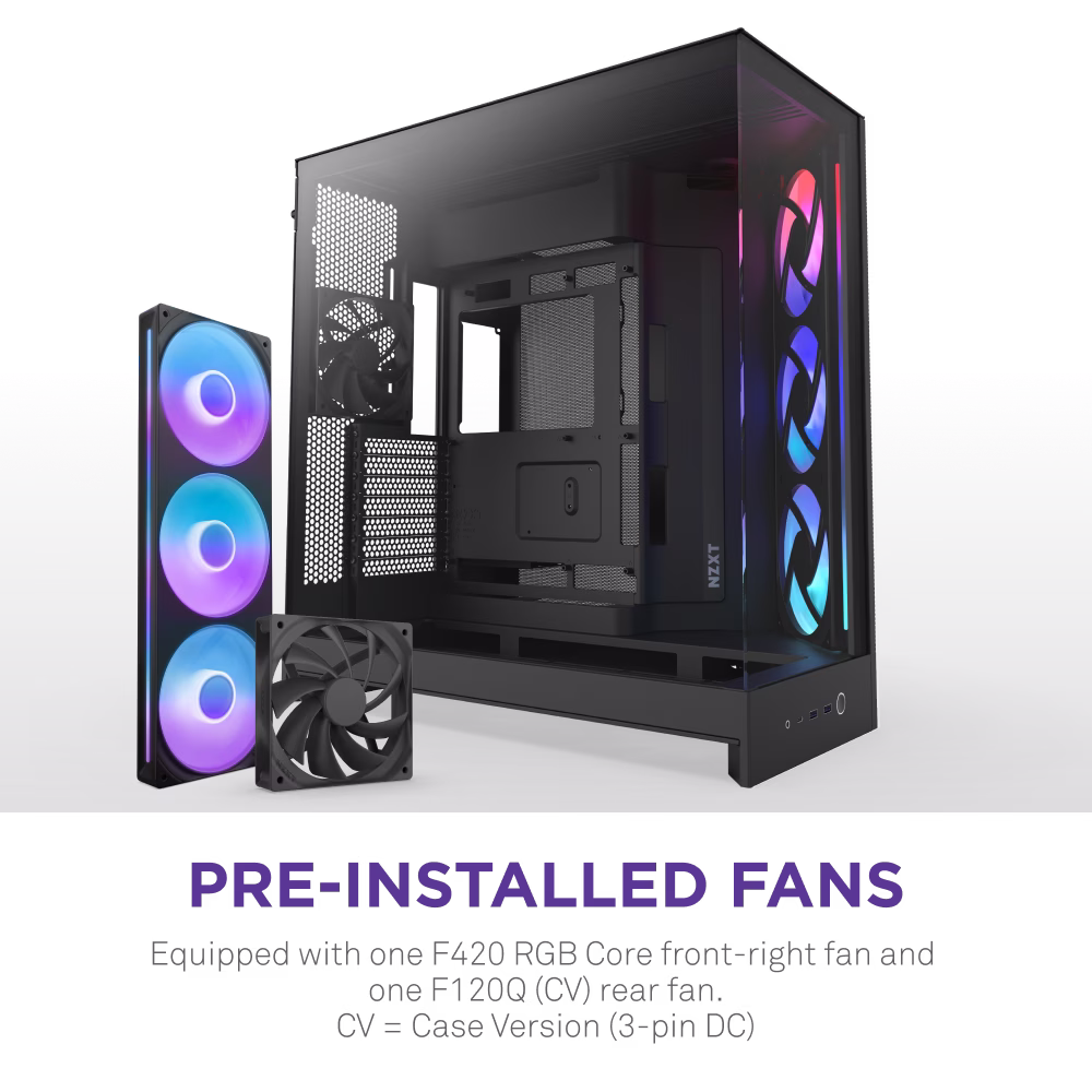 NZXT H9 Flow RGB Large Dual-Chamber Mid-Tower ATX Airflow Case with RGB (2025), Panoramic View, Pre-Installed Fans  1?? F420 RGB Core, 1?? F120Q (CV), Rear-Connecting Motherboard Support, Radiator Up to 420 mm,  Black | CM-H92FB-R1 thumbnail 3