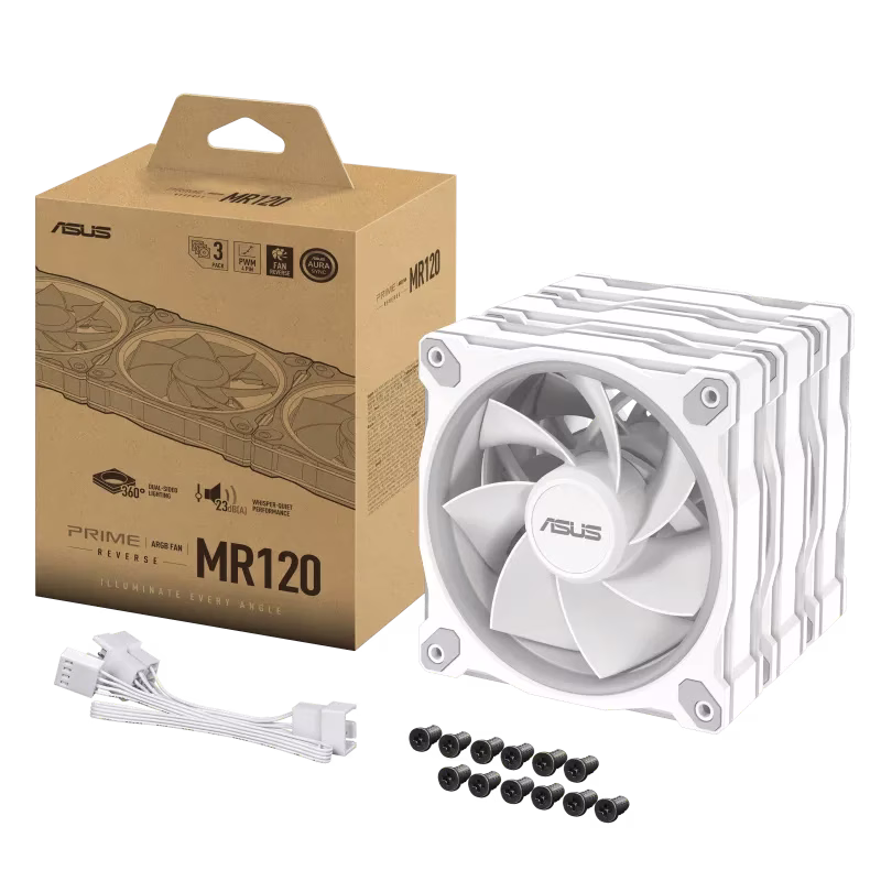 ASUS Prime MR120 ARGB Reverse 120mm White Case Fan - Triple Pack, 1600 rpm (+/-10%) Speed, 58 CFM Airflow, 1.38 mm H2O Pressure, 23 dB(A) Noise Level | 90DA00L3-B09020 thumbnail 3