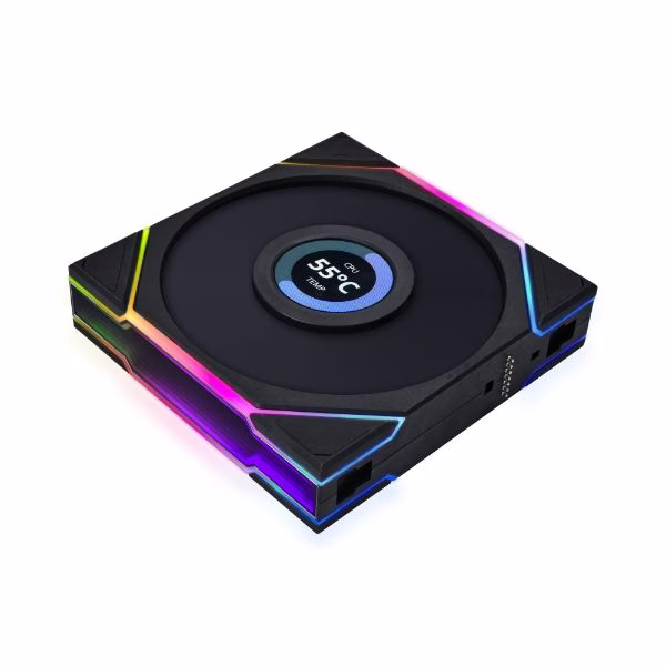 Lian Li Uni Fan TL 120 Case Fan, 1.6" LCD, 120mm Fan Size, 1900 RPM Fan Speed, 54.3 CFM Airflow, PA66 / PBT Materials, FD Bearing, Triple Pack, W/ Controller, Black | G99.12TLLCD3B.00 thumbnail 2