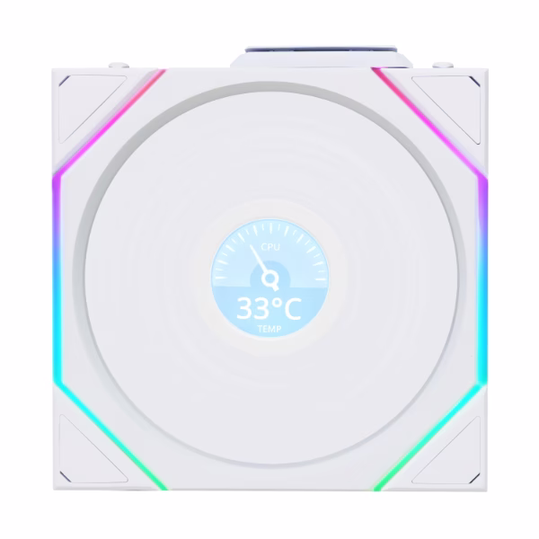 Lian Li UNI FAN TL120 LCD Reverse Blade Wireless White120mm Single Case Fan, 1.6'' LCD, 120x124x28mm, 0,200~2300 RPM, 2.66 mmH2O (Maximum) AIR PRESSURE, 83.4 CFM (Maximum) AIRFLOW, 34 dBA (Maximum), L-Wireless Sync, Fluid Dynamic Bearing (FDB) | 12RTL1W1W – Buy Online
