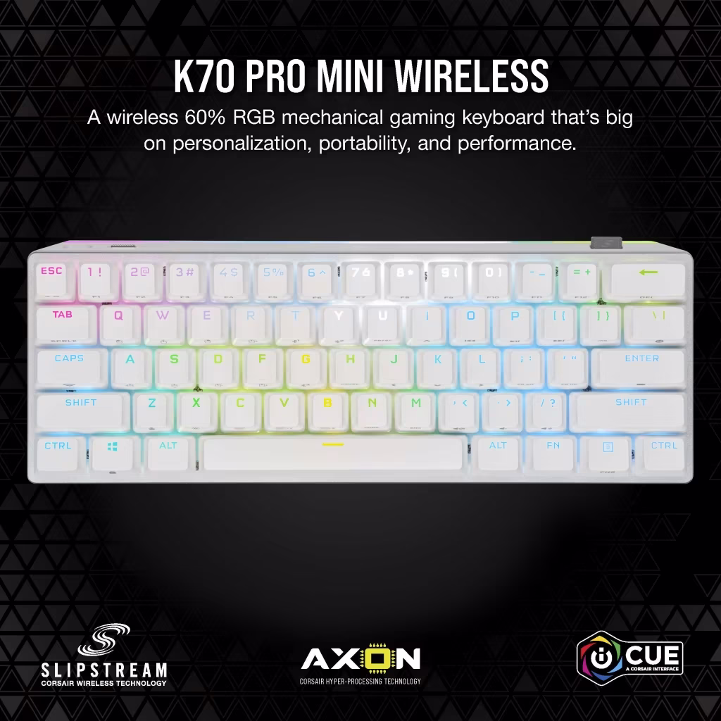 Corsair K70 PRO MINI WIRELESS 60% Mechanical CHERRY MX Red Switch Keyboard, with RGB Backlighting, Hot Swappable Keyswitches, Multi-platform Connectivity, Compact size, White | CH-9189110-NA image