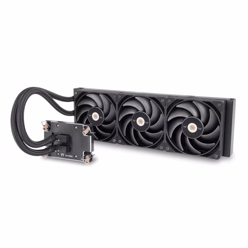 Thermaltake AW360 AIO Workstation Liquid Cooler, 3x TOUGHFAN 12 Pro 120mm Fans, Nickel-Plated Copper Water Block, 3.19 mm-H2O (one fan) Air Pressure, 70.8CFM (one fan) Air Flow, PWM 500~2000 R.P.M, Black | CL-W450-PL12BL-A image
