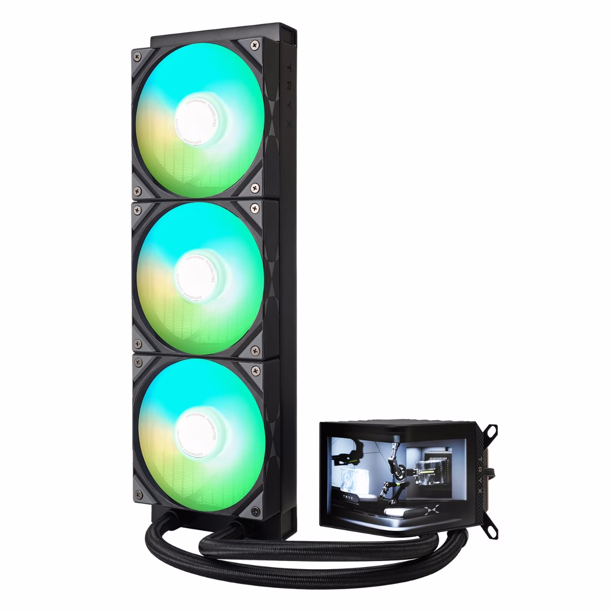 TRYX PANORAMA ARGB 360 Black L-shaped AMOLED Screen Liquid Cooler, 6.5 Inch 2K 60 Hz Display, Adjustable Fan Speed | L-P360A-AS3M-G1K – Buy Online