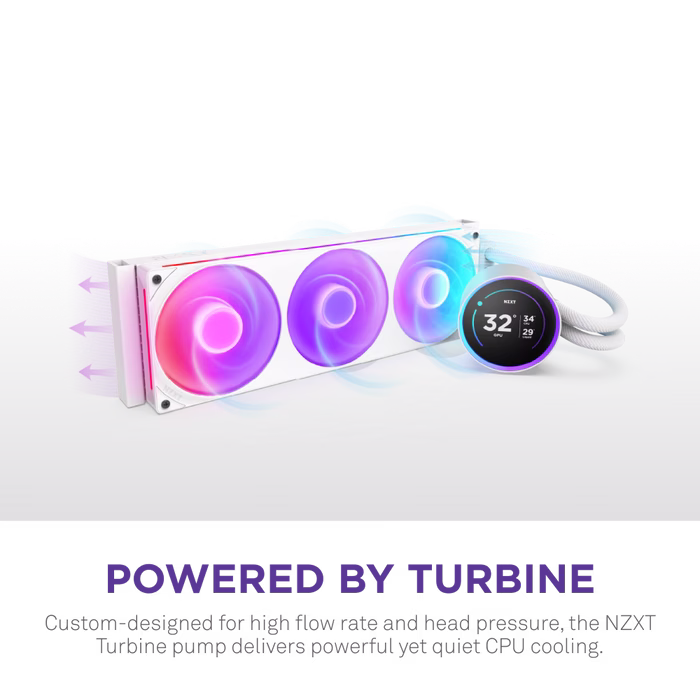 NZXT Kraken Elite 420 RGB 420mm AIO Liquid Cooler with 2.72" IPS LCD & RGB, NZXT Turbine Pump, 1,200 - 2,800 ?? 300 RPM Motor Speed, 3.2 mm H2O Static Pressure per fan, White | RL-KR42E-W2 thumbnail 2