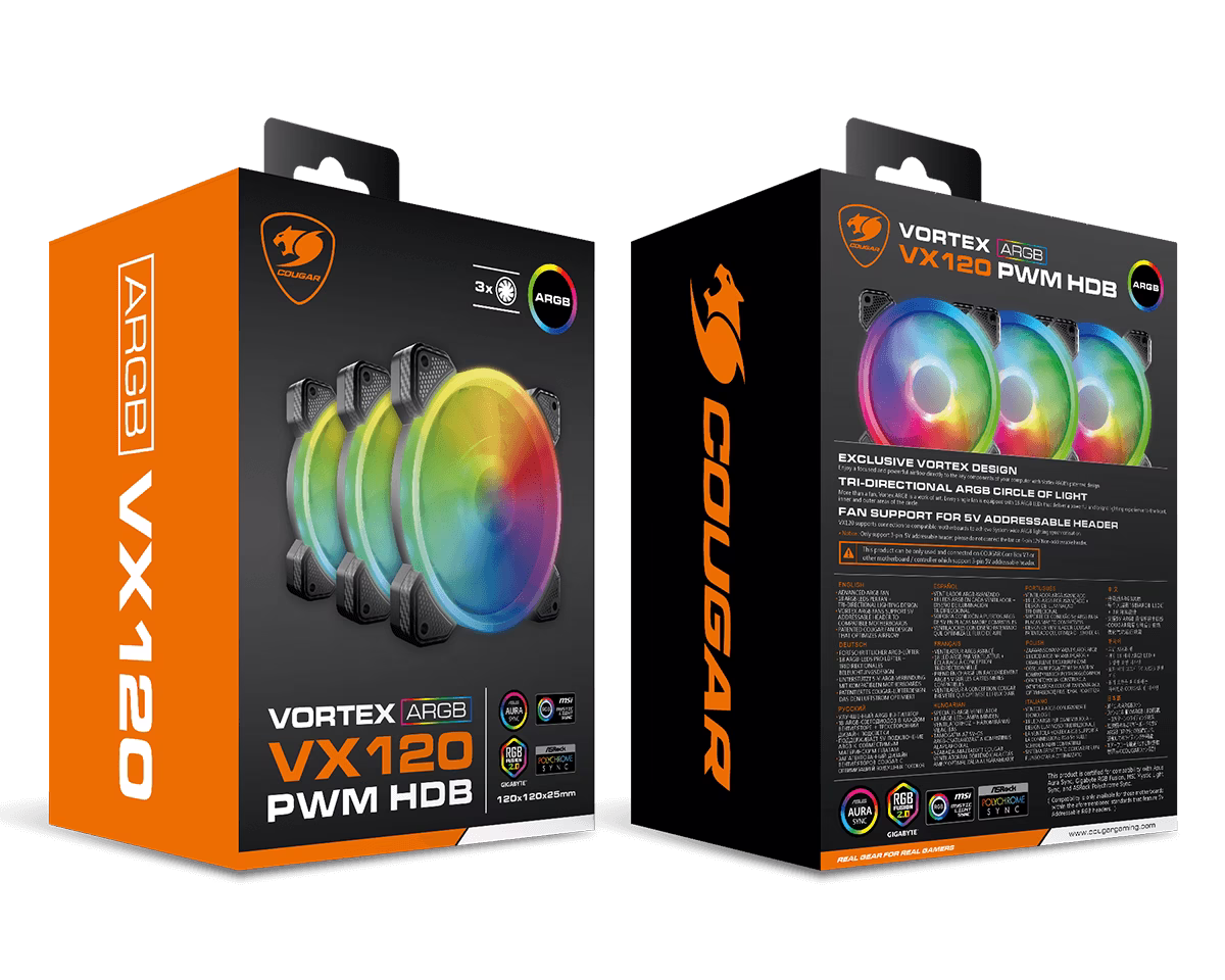 Cougar Vortex VX120 PWM 120MM HDB Cooling ARGB Fan, With 5V-ARGB Header, 600-1500RPM Speed, 3 Pin ARGB Interface, Anti Vibration Damper, ARGB Motherboard Sync, 3 Pack, Black | CF-VX12HB3-RGB thumbnail 2