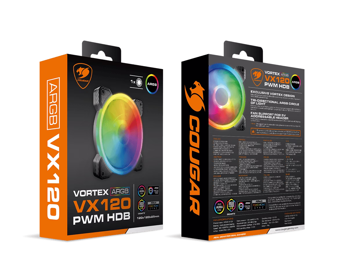 Cougar Vortex VX120 PWM 120MM HDB Cooling ARGB Fan, With 5V-ARGB Header, 600-1500RPM Speed, 3 Pin ARGB Interface, Anti Vibration Damper, ARGB Motherboard Sync, 1 Pack, Black | 3MVX1201.0001 thumbnail 2