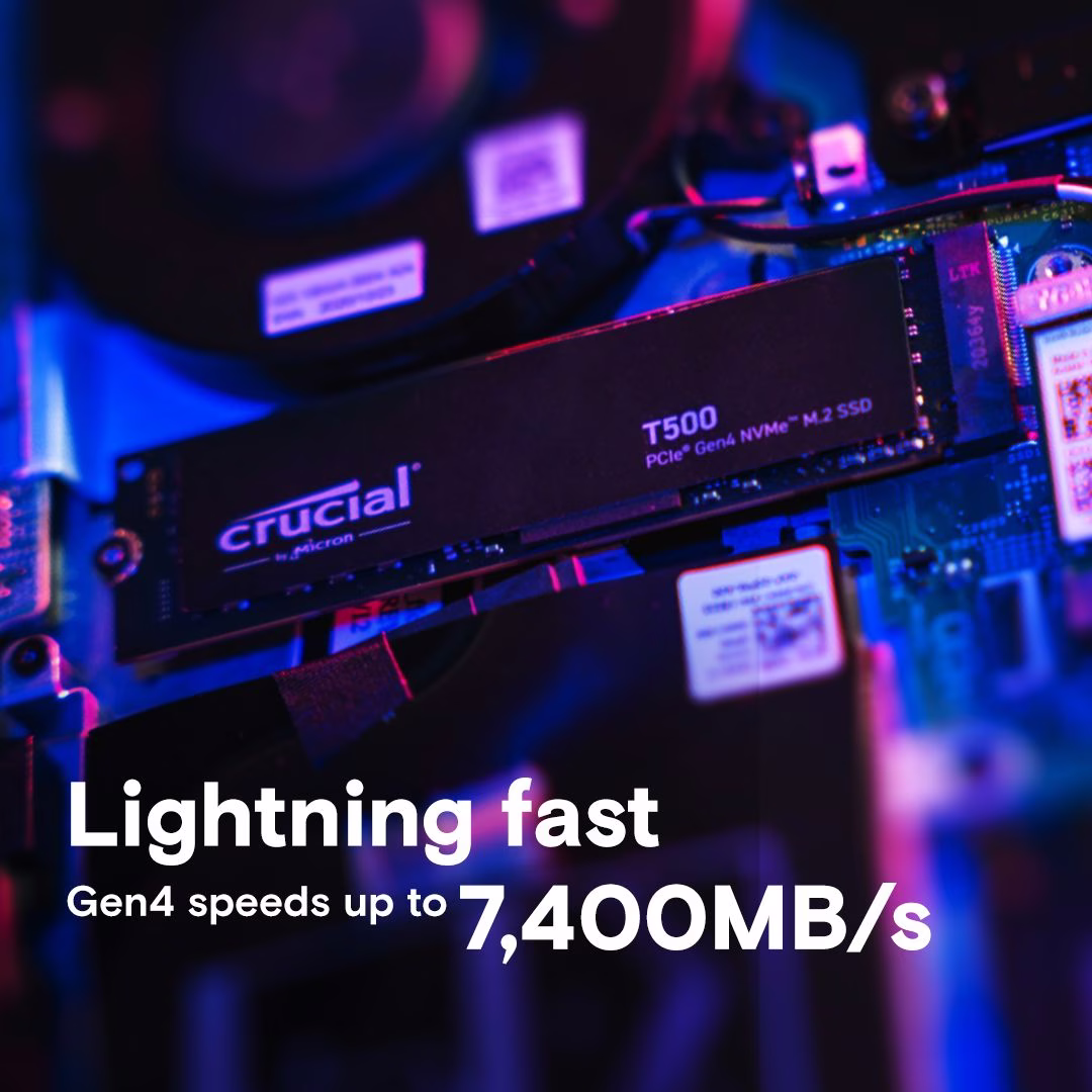 Crucial T500 2TB PCIe Gen4 NVMe M.2 SSD, Up to 7400 - 7000MB/s Sequential Reads/Writes, 1200TB TBW, Load games 16% faster, With Microsoft DirectStorage | CT2000T500SSD8 thumbnail 2