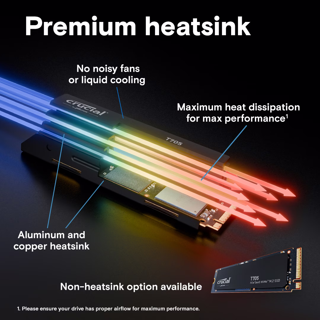 Crucial T705 4TB PCIe Gen5 NVMe M.2 SSD, 14,100 MB/s Sequential Read | CT4000T705SSD3 thumbnail 2
