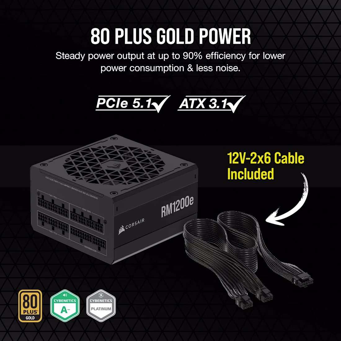 Corsair RMe Series RM1200e Fully Modular Low-Noise ATX Power Supply,  ATX 3.1 & PCIe 5.1, 80 PLUS Gold, Black  | CP-9020258 thumbnail 4