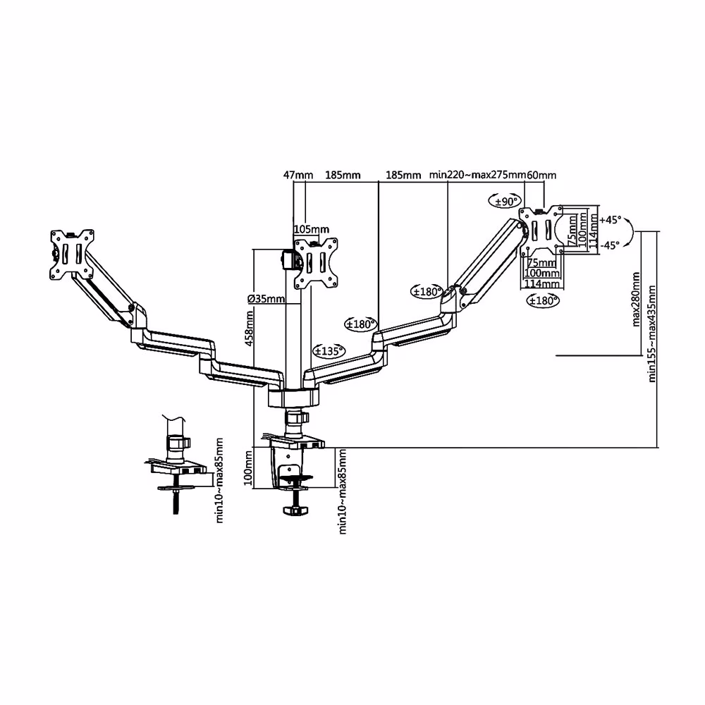 Skill Tech Triple Monitor Pole-Mounted Thin Gas Spring Monitor Arm With Usb Ports, SH26 C036UP thumbnail 5