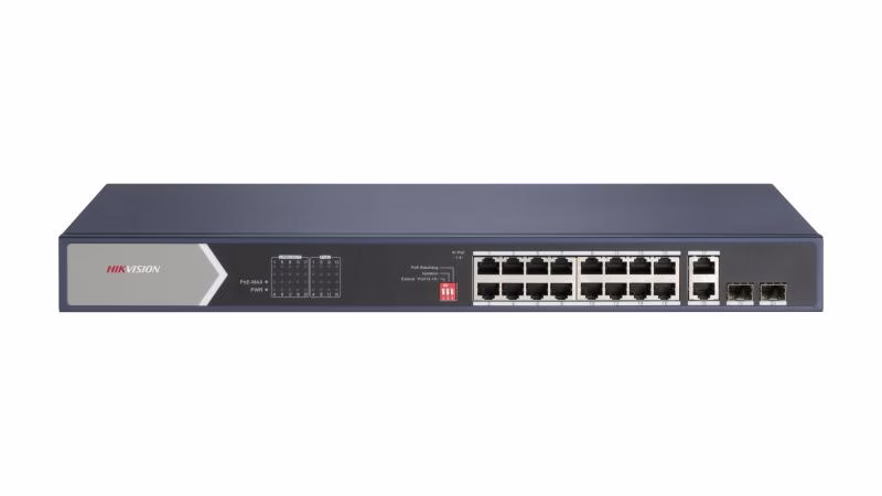 Hikvision DS-3E0520HP-E 16 Port Gigabit Unmanaged POE Switch, 12x Gigabit PoE port, 4x Gigabit Hi-PoE port, 2x Gigabit RJ45 port, 2x Gigabit fiber optical port image