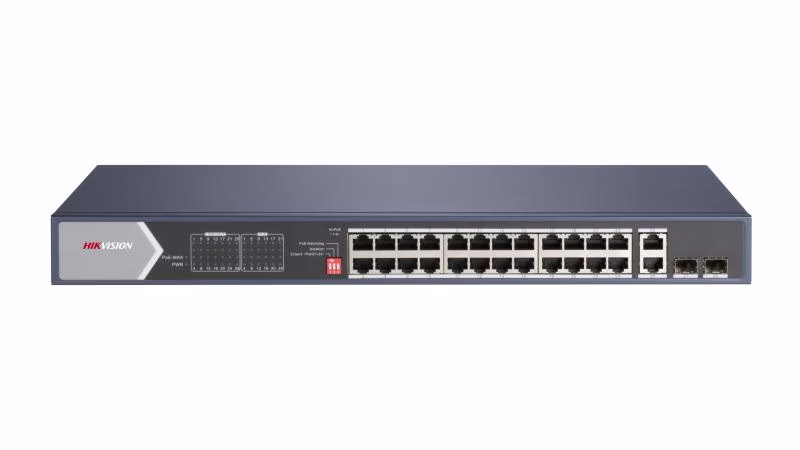 Hikvision DS-3E0528HP-E 24 Port Gigabit Unmanaged PoE Switch, 20x gigabit PoE port, 4x gigabit Hi-PoE port, 2x gigabit RJ45 port, and 2x gigabit fiber optical port, Up to 300m long-range transmission. – Buy Online