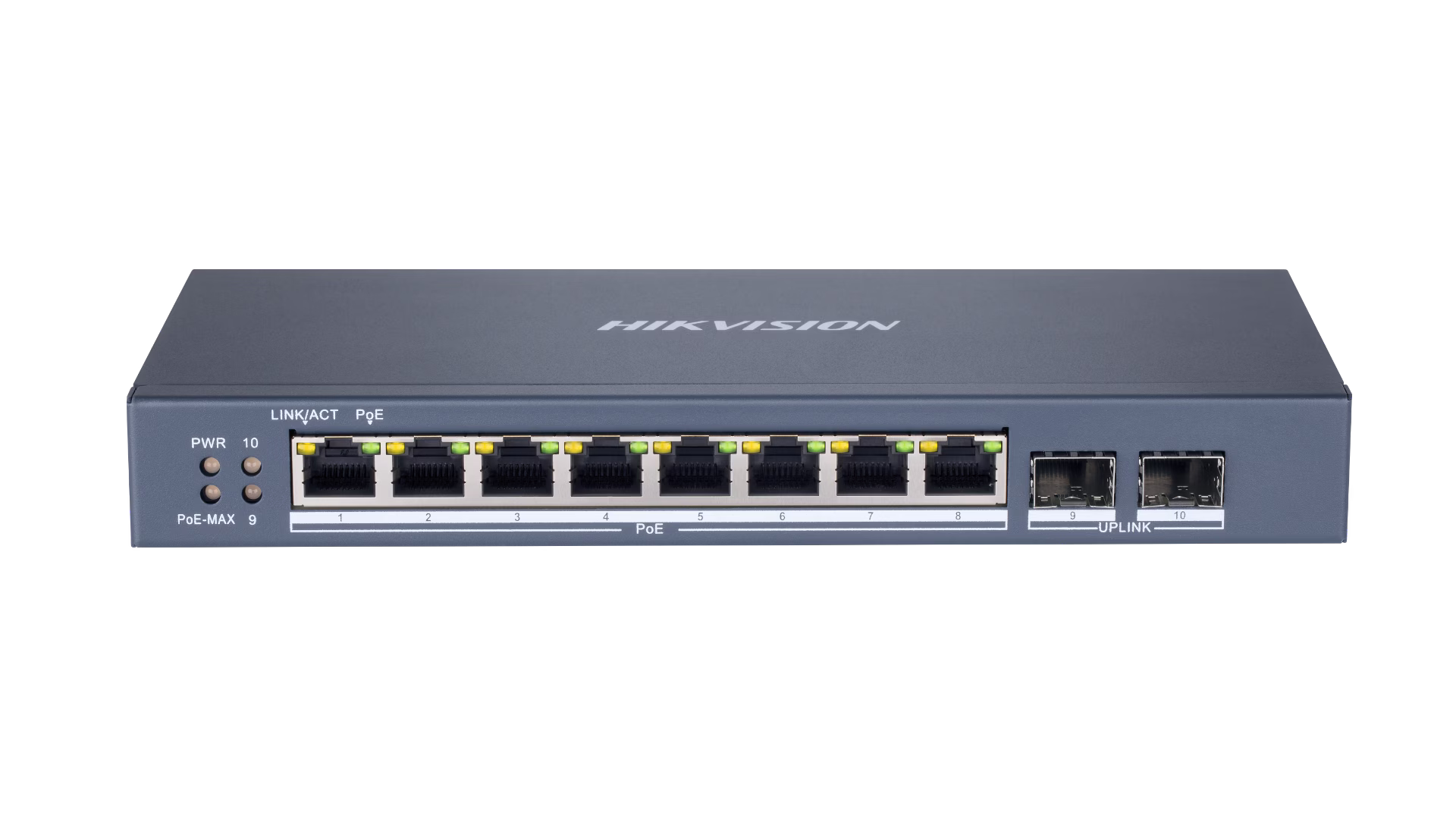 Hikvision DS-3E1510P-E 8 Port Gigabit Web POE Switch, 8 ?? gigabit PoE ports, 2 ?? gigabit fiber optical ports, 20 Gbps, Reliable fan-free design image