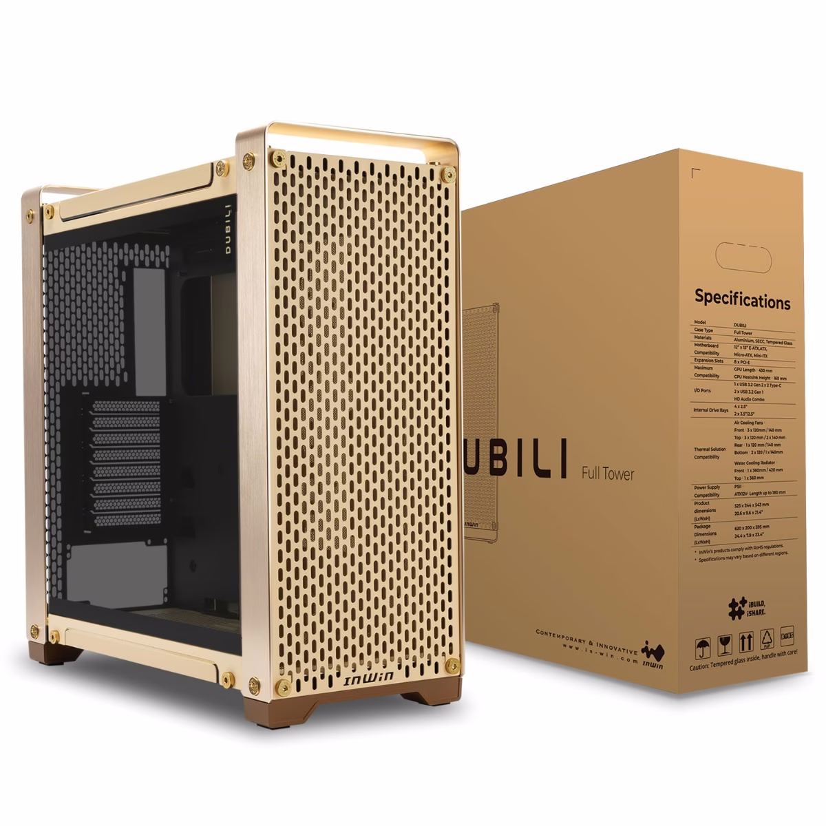 InWin Dubili E-ATX Full Tower Computer Case, 4x Pre-Installed Jupiter AJ140 Fans, Aluminum, TG, SECC Materials, Up to 430mm GPU & 420mm Radiator Support, Champagne Gold | IW-CS-DUBILIASB-GLD thumbnail 2