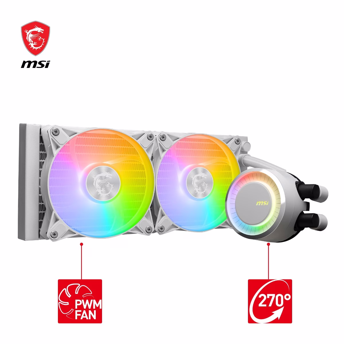 MSI MAG CoreLiquid E240 White, AIO ARGB CPU Liquid Cooler, Rotating Cap Design, 240mm Radiator, Dual 120mm ARGB PWM Fans, LGA 1700 Ready, AM5 Compatible | 306-7ZW5E27-C24 thumbnail 2