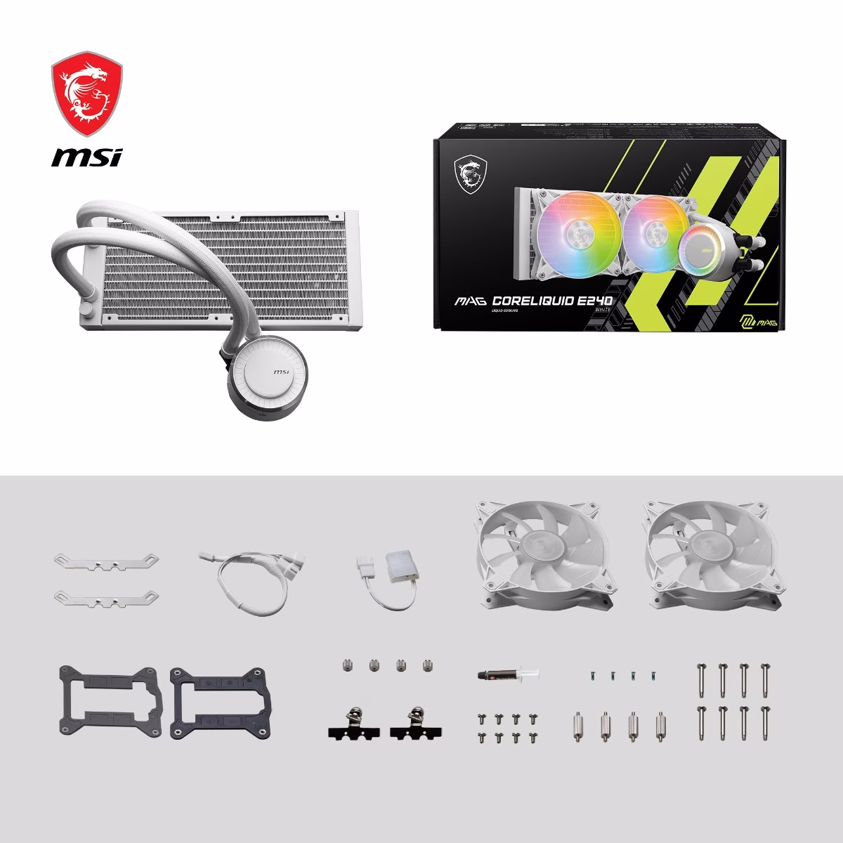 MSI MAG CoreLiquid E240 White, AIO ARGB CPU Liquid Cooler, Rotating Cap Design, 240mm Radiator, Dual 120mm ARGB PWM Fans, LGA 1700 Ready, AM5 Compatible | 306-7ZW5E27-C24 thumbnail 4