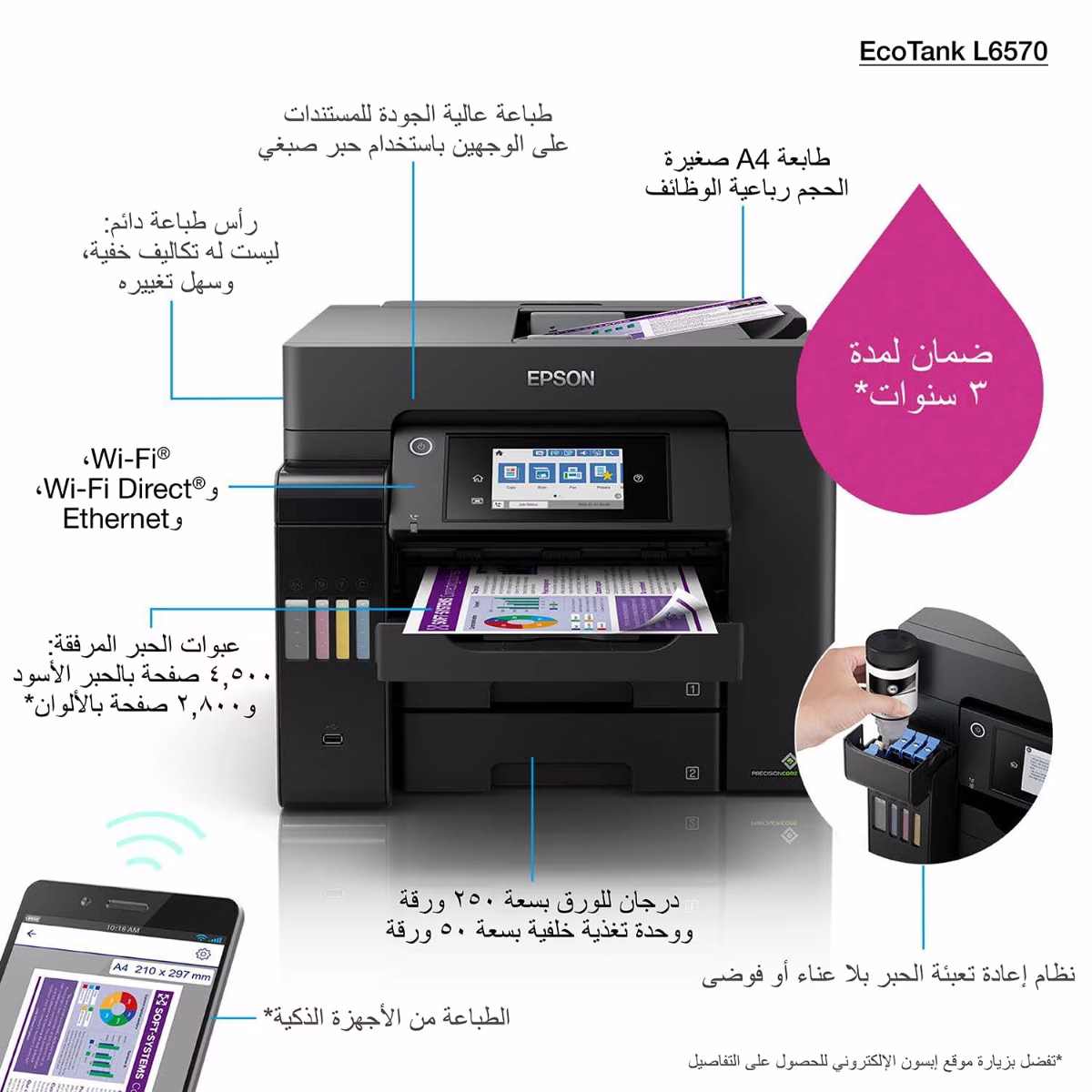 Epson Ecotank L6570 Office Ink Tank Printer A4 Colour 4 In 1 With Adf, Wi Fi And Smart Panel Connectivity Lcd Screen, Black, Compact thumbnail 3