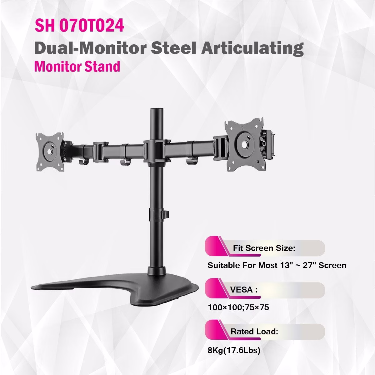 Skill Tech Dual-Monitor Steel Articulating Monitor Stand, 13" to 27" Screen Sizes, Up to 8kg Weight Capacity, Powder Coating Finish, Aluminum + Steel Materials, 360?? Rotary VESA, Desk Mount, Black | SH070 T024,  thumbnail 5