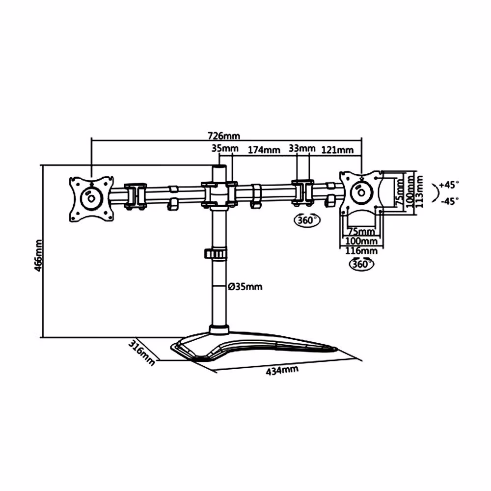 Skill Tech Dual-Monitor Steel Articulating Monitor Stand, 13" to 27" Screen Sizes, Up to 8kg Weight Capacity, Powder Coating Finish, Aluminum + Steel Materials, 360?? Rotary VESA, Desk Mount, Black | SH070 T024,  thumbnail 3