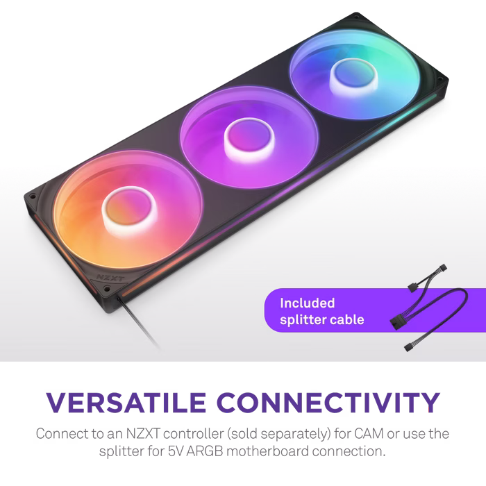 NZXT F420 RGB Core 420 mm Single-Frame RGB Case Fan, Fluid Dynamic Bearings, PWM Control, 500 - 2,000 ?? 200 RPM per fan, 98.61 CFM Airflow Per Fan, 3.2 mm H2O per fan Static Pressure, 4-pin PWM Fan Splitter Cable, Black | RF-U42HF-B1 thumbnail 6